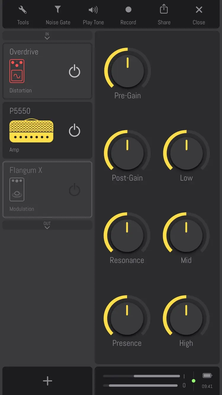 The first version's studio. A toolbar across the top: Tools, Noise Gate, Play Tone, Record, Share and Close. Down the left, the chain as cards: Overdrive in red, the P5550 amp in yellow and selected, and Flangum X dimmed. On the right the amp's seven knobs with yellow arcs: Pre-Gain, Post-Gain, Low, Resonance, Mid, Presence and High.