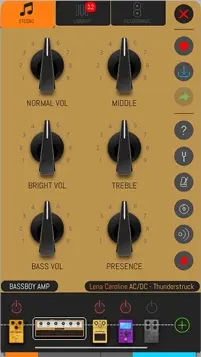 An early studio drawn as the face of an amp: a tan panel with six black pointer knobs, Normal Vol, Middle, Bright Vol, Treble, Bass Vol and Presence, labelled Bassboy Amp. Round tool buttons run down the right. Along the foot the chain is a row of photoreal pedals and an amp head.