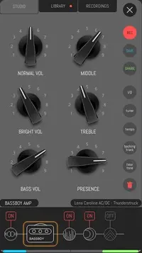 The same Bassboy Amp studio in greys, with the same six pointer knobs. Along the foot the chain is now line art, each processor under an On or Off switch.