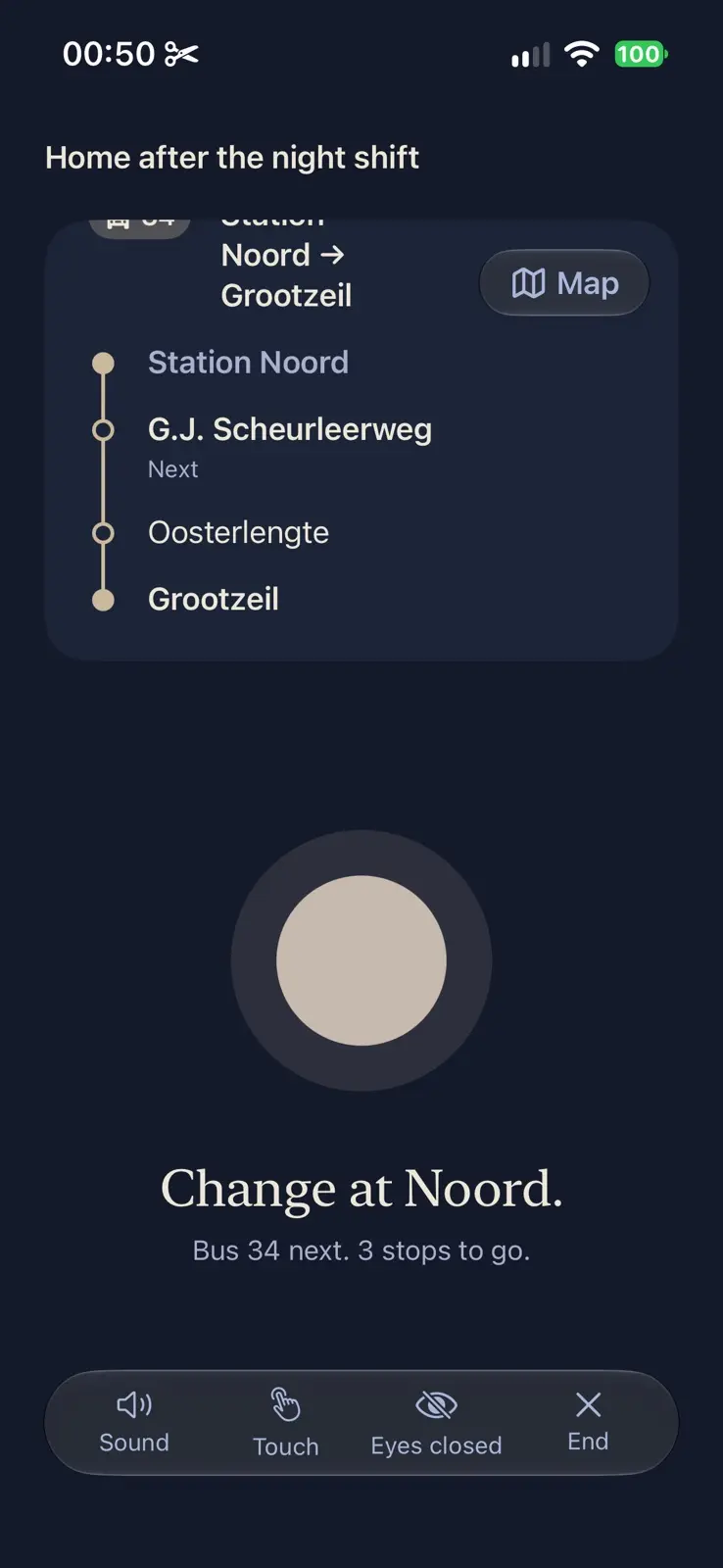 The second leg, Noord to Grootzeil, with Station Noord, G.J. Scheurleerweg marked next, Oosterlengte and Grootzeil. The orb has turned a warm beige. Change at Noord. Bus 34 next. 3 stops to go.