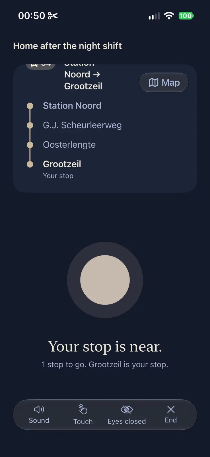 The same leg with Grootzeil marked your stop, and the warm orb. Your stop is near. 1 stop to go. Grootzeil is your stop.