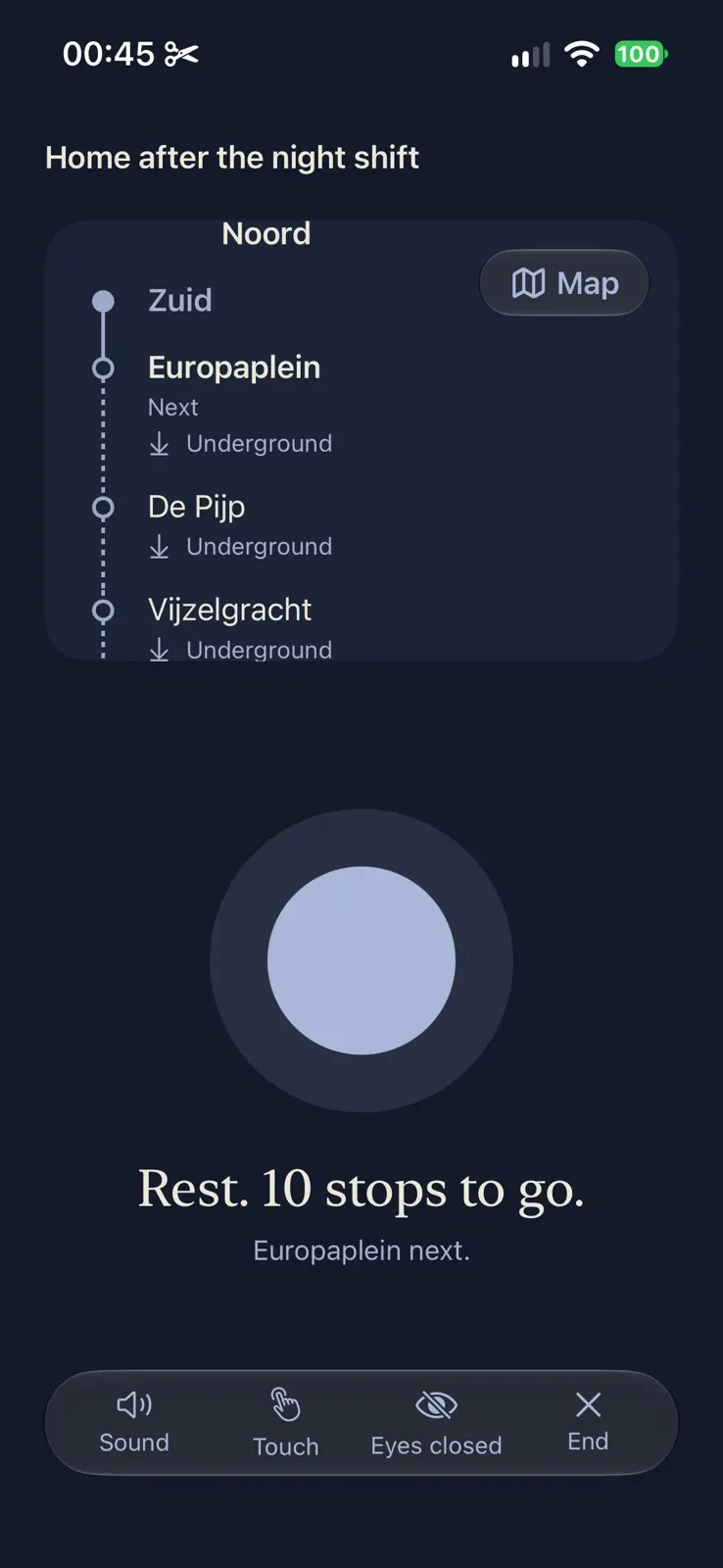 The timeline of stops, Zuid, then Europaplein marked next, then De Pijp and Vijzelgracht, each marked underground. Under it the orb. Rest. 10 stops to go. Europaplein next.