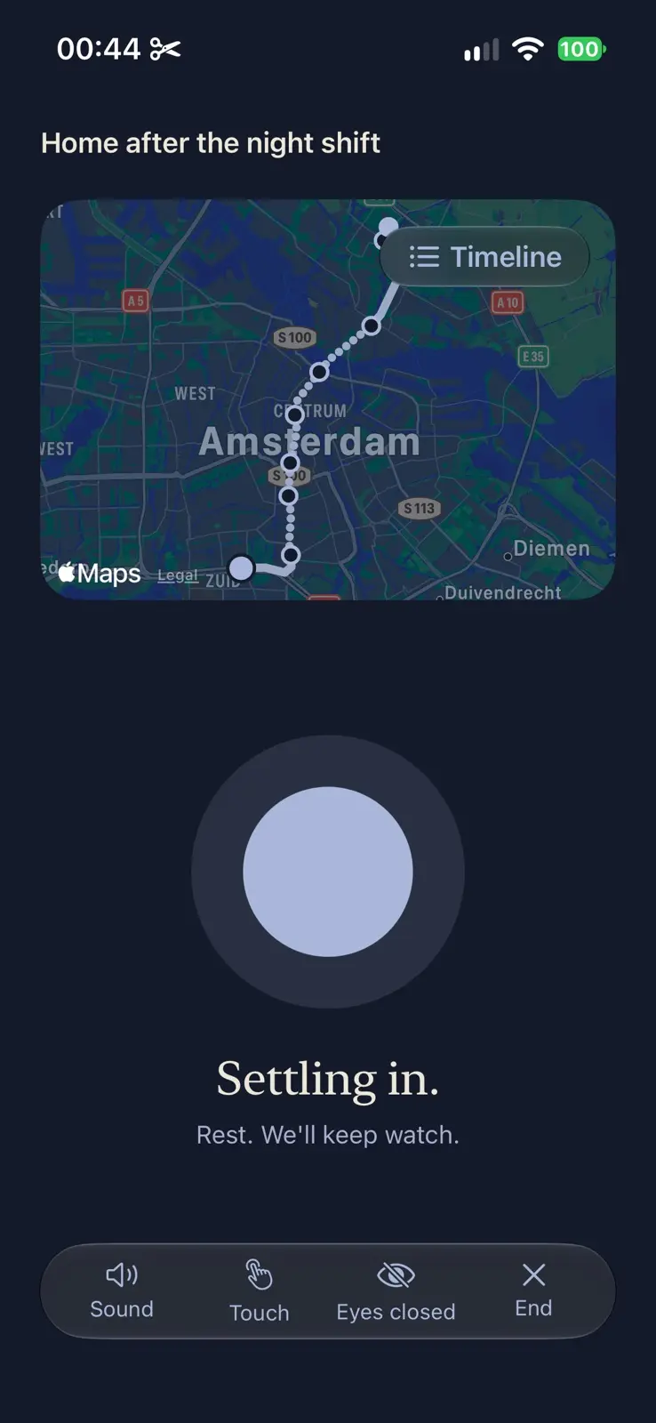 The ride begins. The route map sits at the top with a Timeline button, and below it a pale round orb inside a darker ring. Settling in. Rest. We'll keep watch. A bar at the foot holds Sound, Touch, Eyes closed and End.
