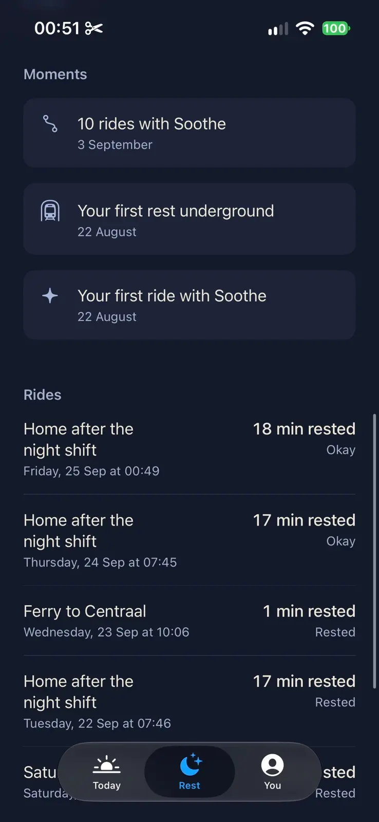 Rest, further down. Under Moments, 10 rides with Soothe on 3 September, your first rest underground on 22 August and your first ride with Soothe on 22 August. Under Rides, each ride with its date, minutes rested and how it felt, such as Home after the night shift, 18 minutes rested, Okay.