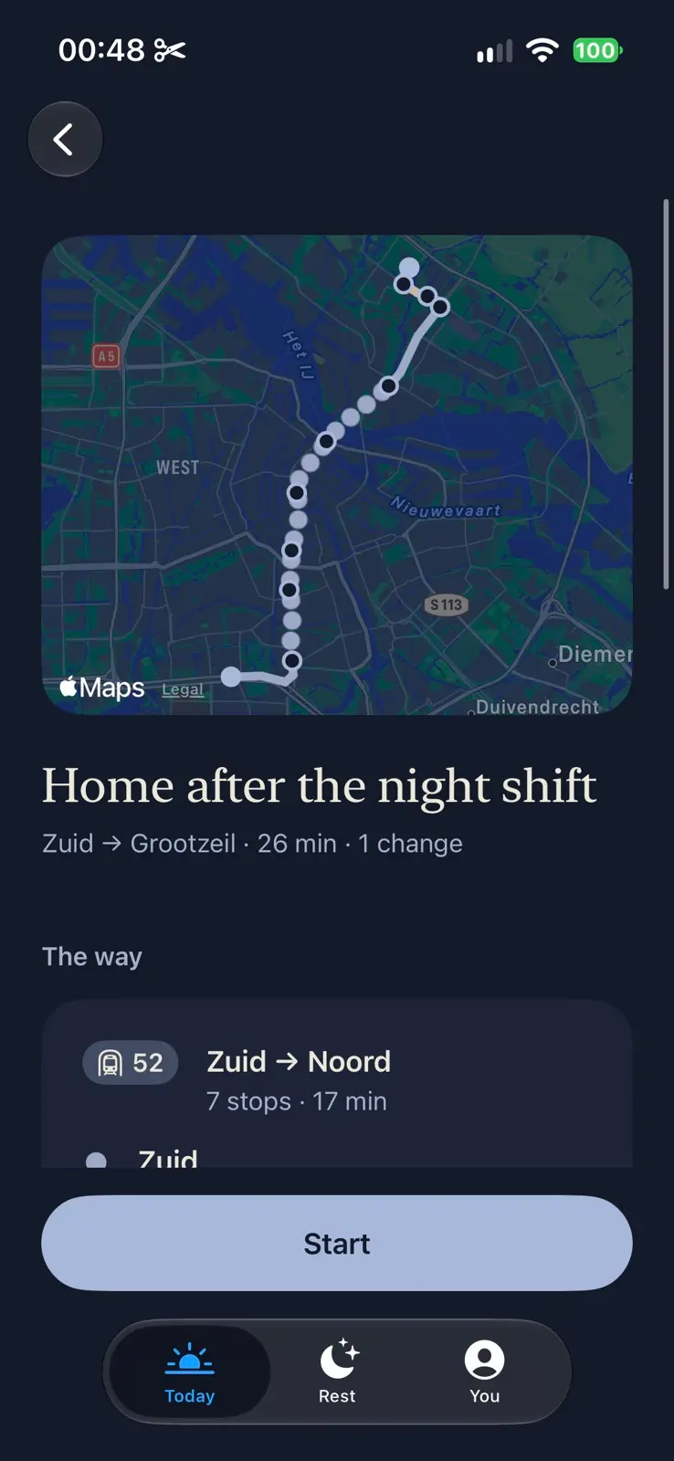 The route Home after the night shift. A dark map of Amsterdam with the line drawn from Zuid in the south to the north, then Zuid to Grootzeil, 26 minutes, one change. Under The way, metro 52, Zuid to Noord, seven stops, 17 minutes, and a Start button.