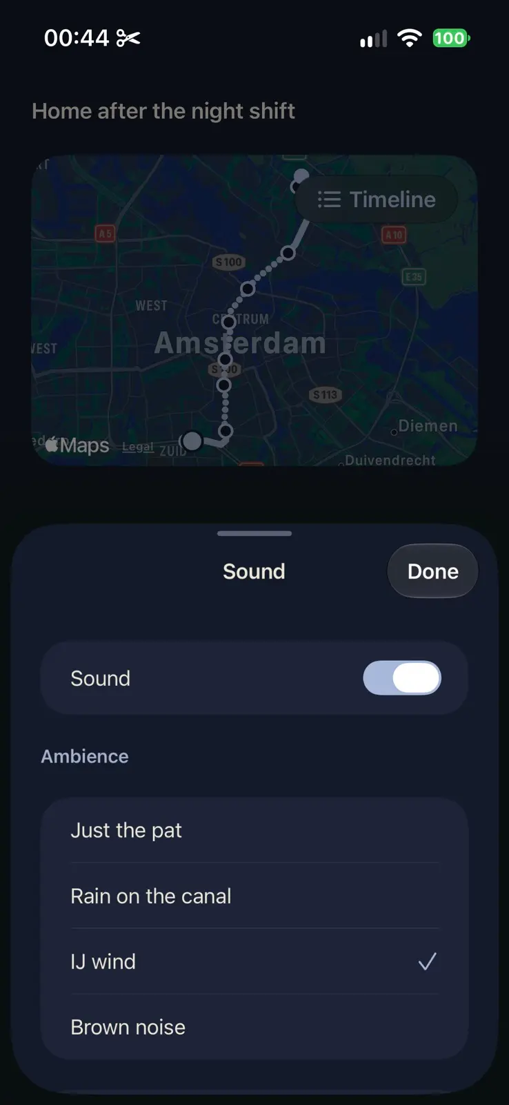 The Sound sheet over the ride's map, with Sound switched on. Under Ambience, Just the pat, Rain on the canal, IJ wind, ticked, and Brown noise.
