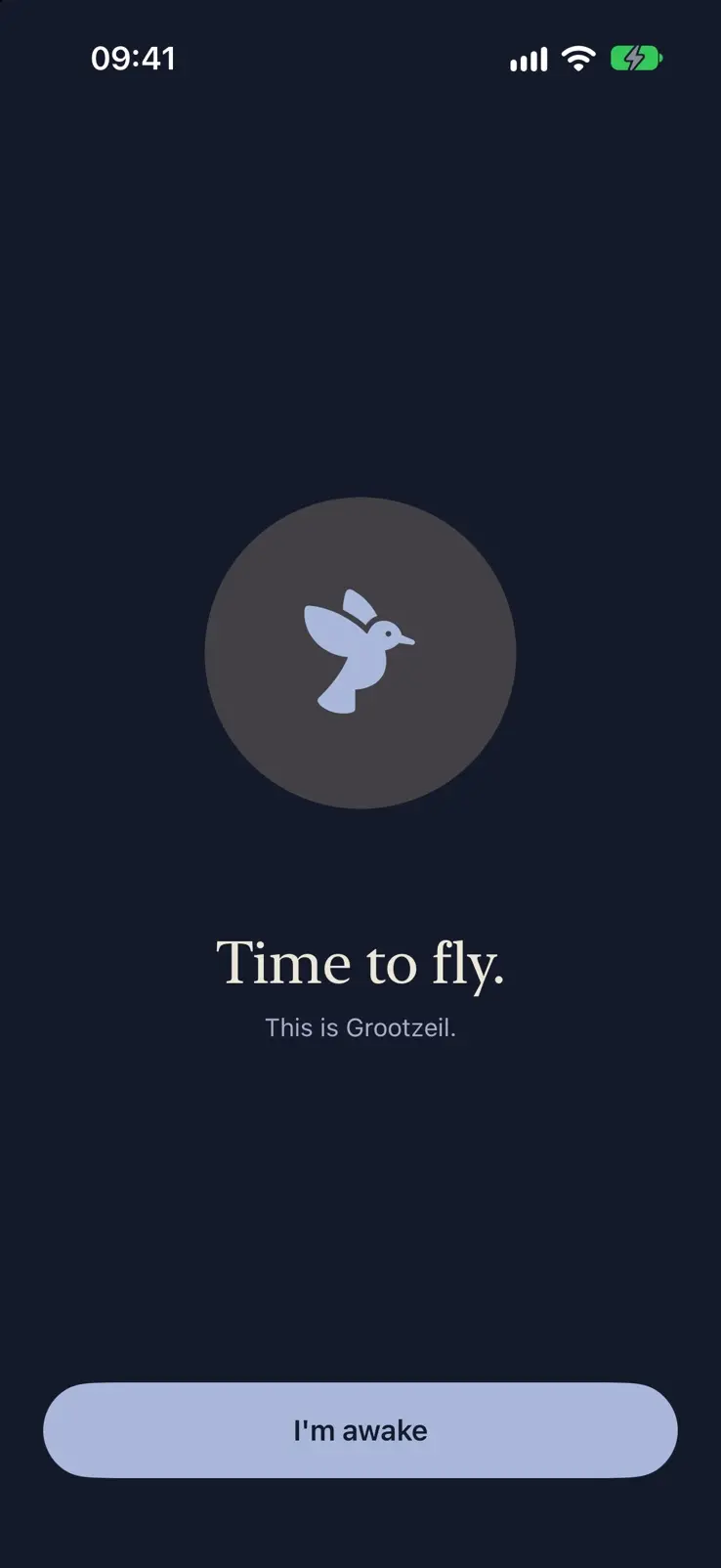 The wake in dark mode. A pale bird in a grey circle over deep navy, and a pale blue I'm awake button.