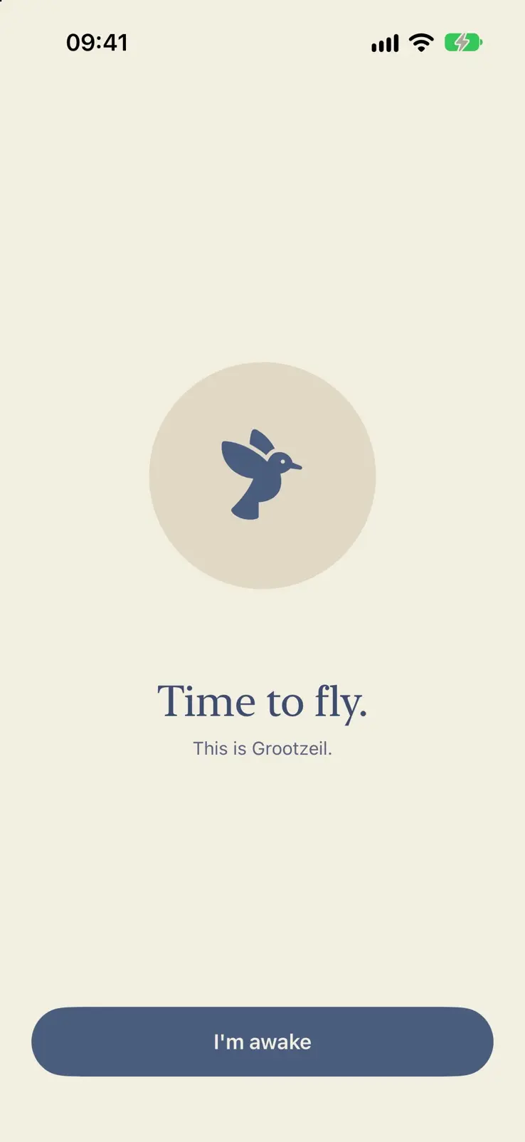 The wake in light mode. A navy bird in a beige circle. Time to fly. This is Grootzeil. A navy button reads I'm awake.