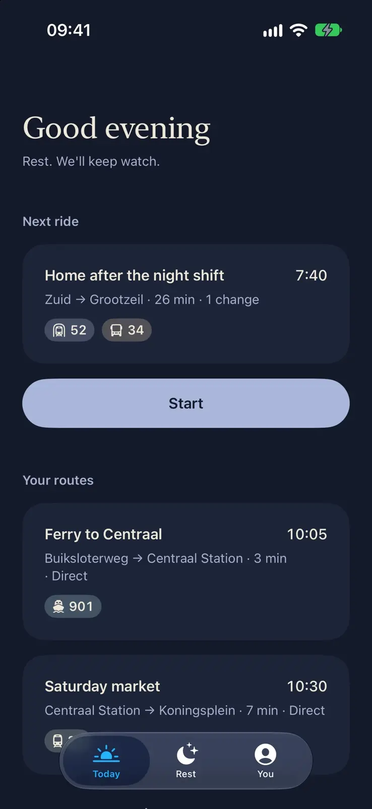 Today in dark mode, cream type on deep navy, the same cards a shade lighter than the page, and a pale blue Start button.