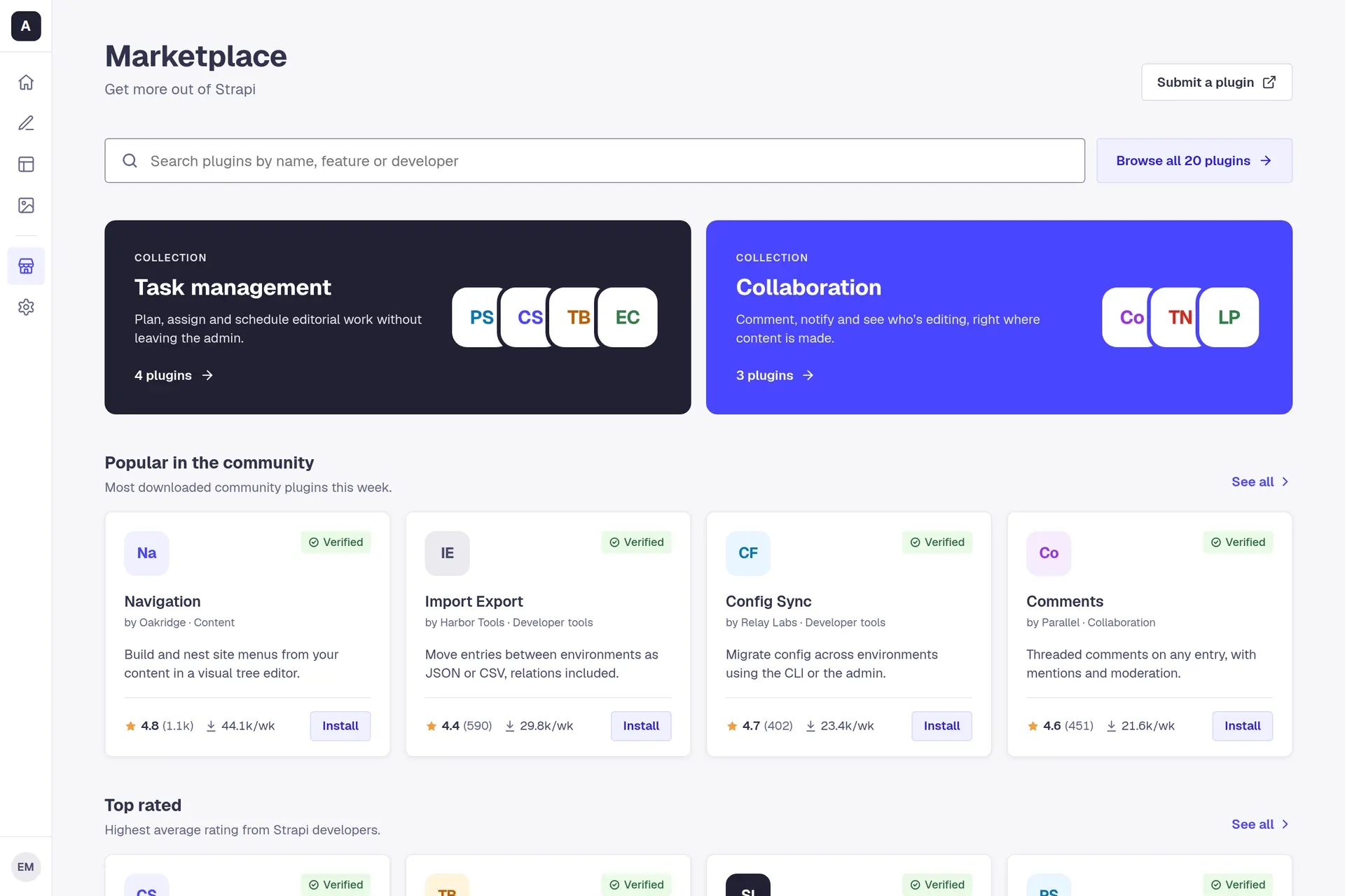 The Marketplace page inside Strapi's admin. A wide search field for plugins by name, feature or developer, a Browse all plugins button, two collection cards, Task management in dark ink and Collaboration in blue, and a row of Popular in the community cards. Each card shows a Verified badge, the plugin's name, its maker and category, one line on what it does, a star rating with its review count, weekly downloads and an Install button.
