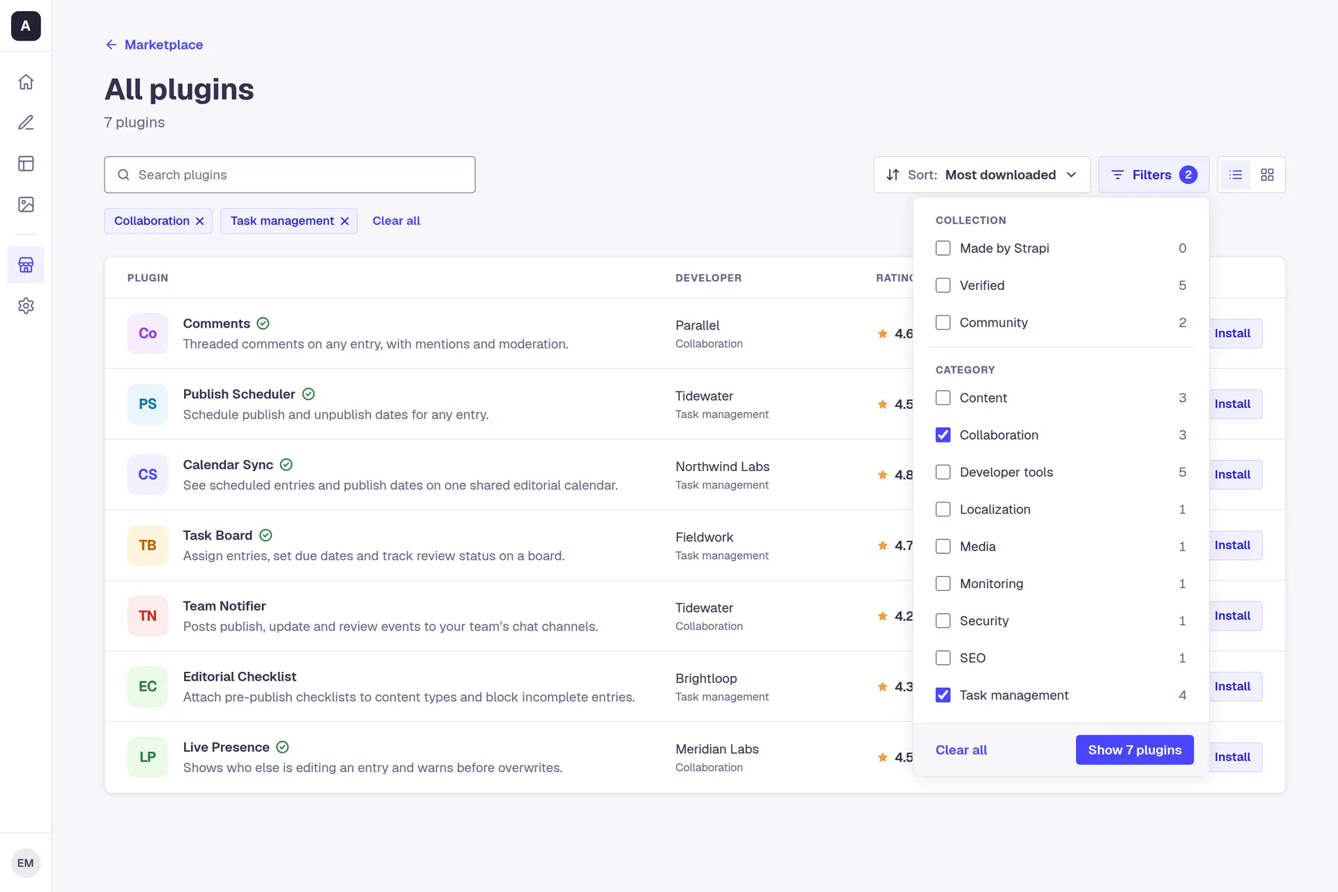 All plugins filtered to seven. Two chips, Collaboration and Task management, sit above the list with Clear all, and the Filters popover is open: checkboxes for the collections Made by Strapi, Verified and Community and for nine categories, each with a count, and a Show 7 plugins button.