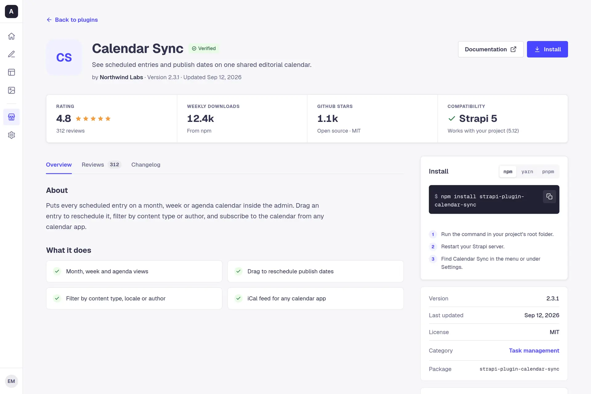 Calendar Sync's page. A Verified badge, the maker, the version and when it was updated, then a strip of four facts: the rating with its review count, weekly downloads from npm, GitHub stars with its licence, and a tick for Strapi 5 that reads Works with your project. Below, an About section and What it does, and on the right an install panel with the npm command and three setup steps.