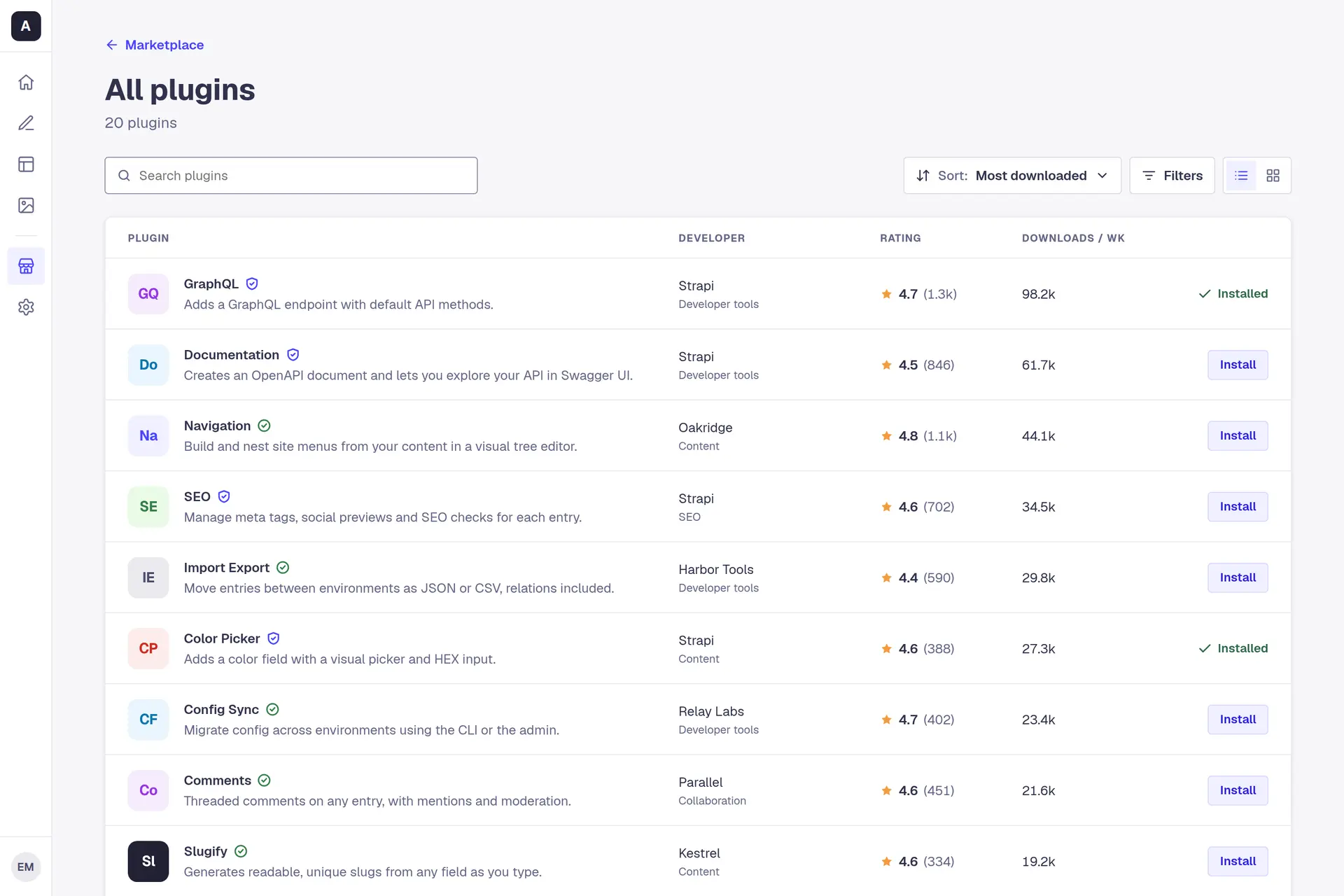 All plugins as a list of twenty, one plugin to a row: its name and one line on what it does, a badge beside the name, the developer and category, a star rating with its review count, downloads a week, and Install, or a tick and Installed for GraphQL and Color Picker.