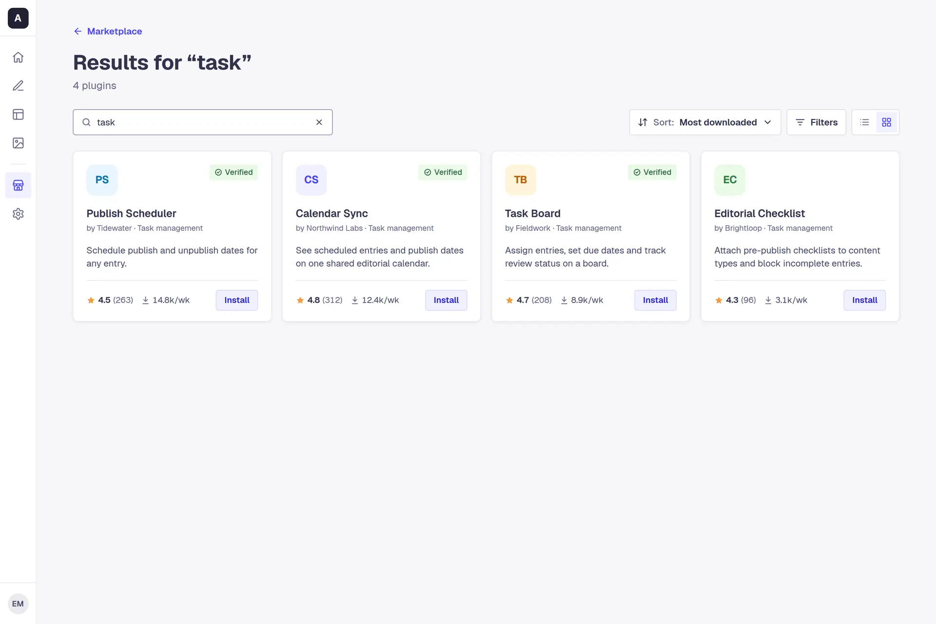Results for task: four plugin cards in a grid, Publish Scheduler, Calendar Sync, Task Board and Editorial Checklist, each with its maker, a star rating, weekly downloads and an Install button. A sort menu, a Filters button and a list and grid switch sit above them.