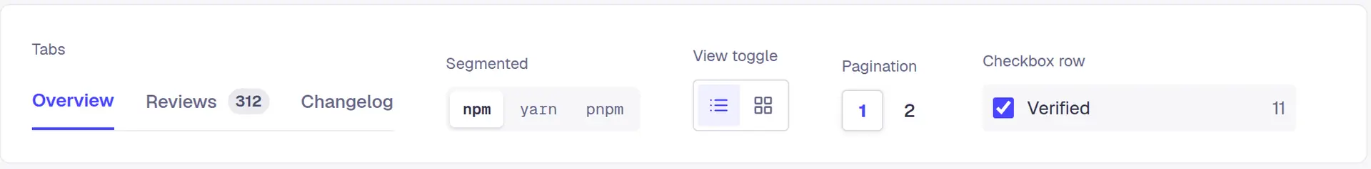 Five small controls, each labelled: tabs for Overview, Reviews with a count of 312, and Changelog; an npm, yarn and pnpm switch; a list and grid toggle; pagination on page 1 of 2; and a ticked Verified row with a count of 11.