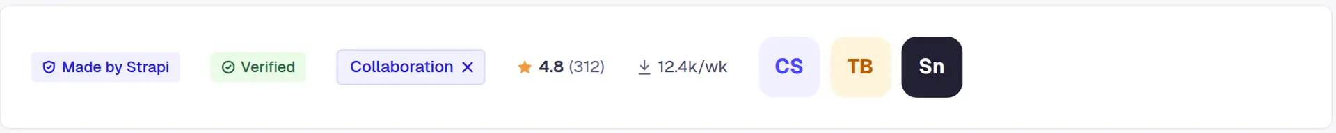 A strip of small parts: a Made by Strapi badge with a shield, a Verified badge with a tick, a Collaboration filter chip with a close mark, a star with 4.8 and 312 reviews, 12.4k downloads a week, and three monogram tiles, CS, TB and Sn.