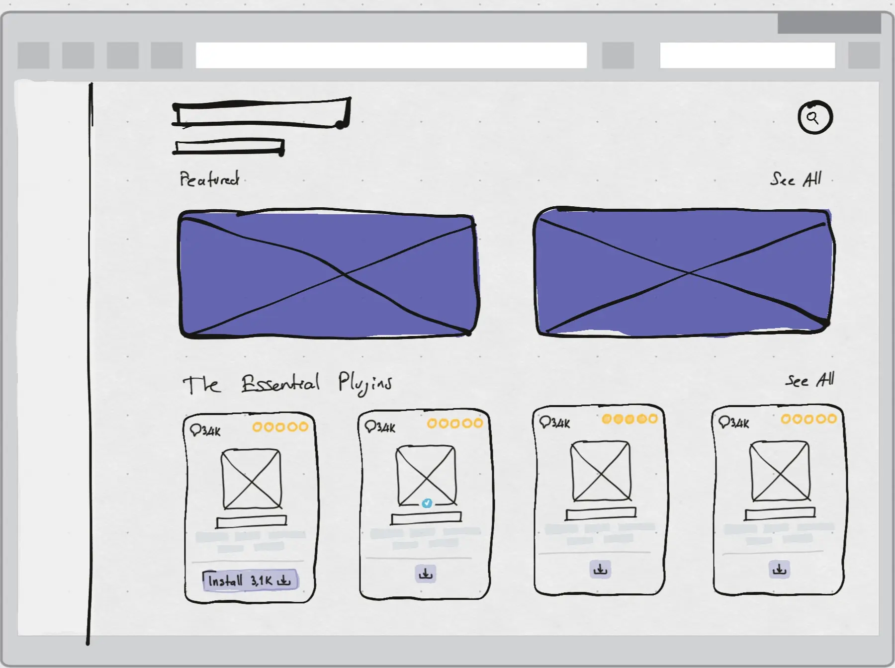 A hand-drawn wireframe in a browser window. A title, a round search button, a Featured row of two large banners, and The Essential Plugins, four cards. Each card has a comment count, five score dots, a logo, a name, tags and a download button, and the first card's button has opened into Install with a count.