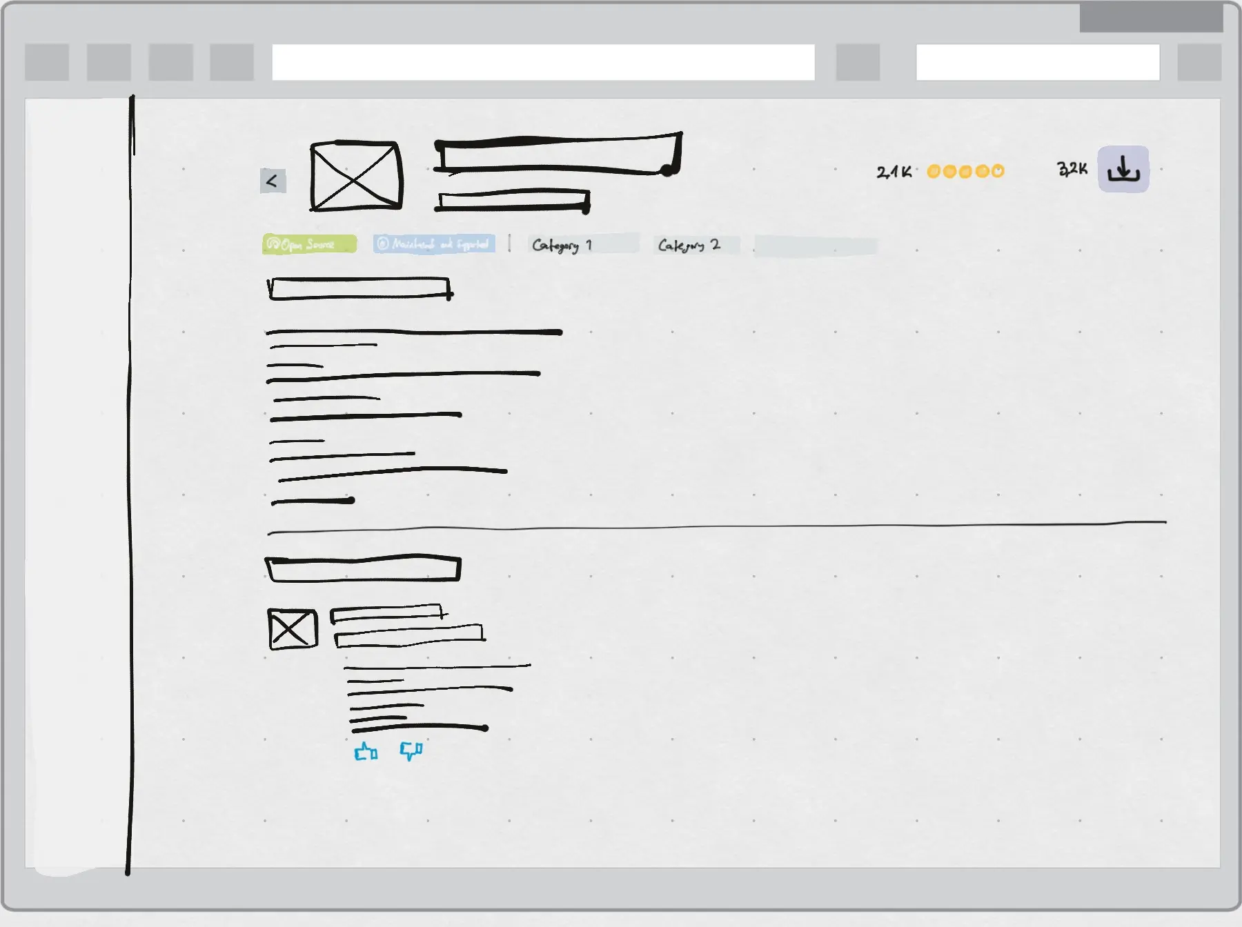 A hand-drawn wireframe of a plugin's page: a back arrow, a logo, a name, a comment count with score dots, and a download button. Under them two badges, Open Source and Maintained and supported, two category chips, a long description, and a review with thumbs up and thumbs down.