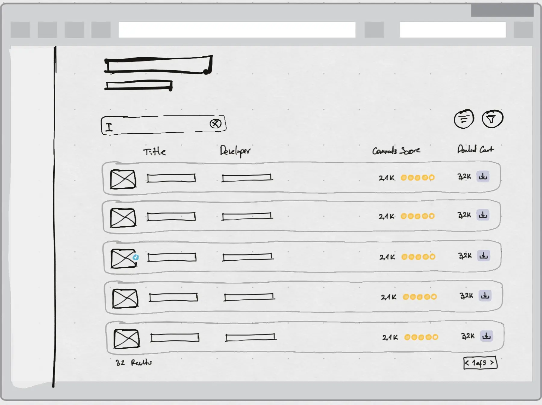 A hand-drawn wireframe of search results as a table: a search field with a clear button, sort and filter buttons, and columns for title, developer, comments with score dots, and a download count with a download button. The foot reads 32 Results and 1 of 5.