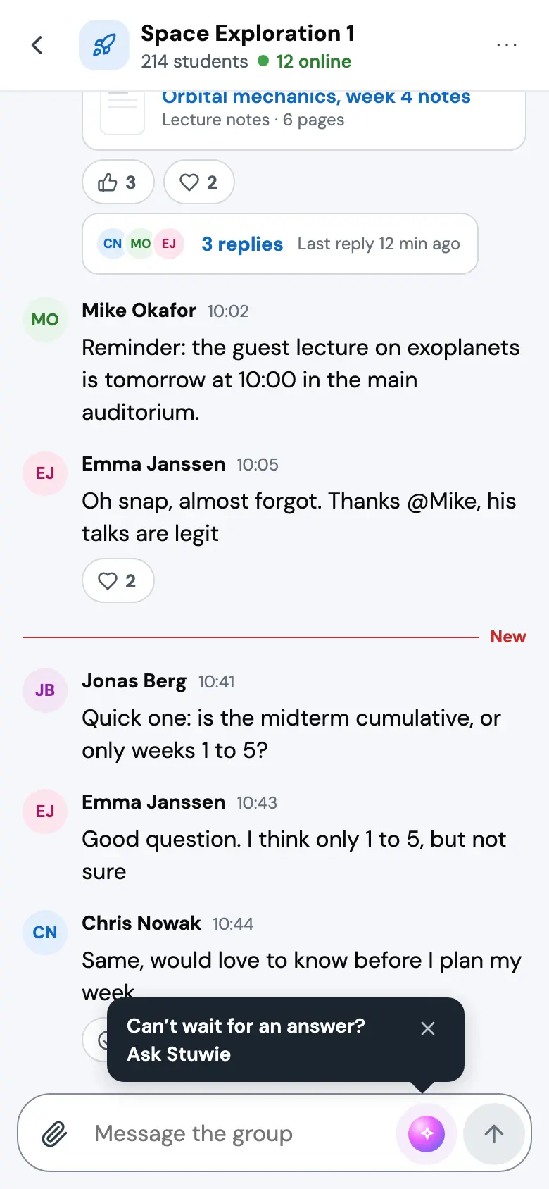 The Space Exploration 1 group on a phone, 214 students and 12 online. Messages from Mike, Emma, Jonas and Chris, a red New rule before Jonas's question about the midterm, and a dark tooltip over the Ask Stuwie button in the composer that reads Can't wait for an answer? Ask Stuwie.