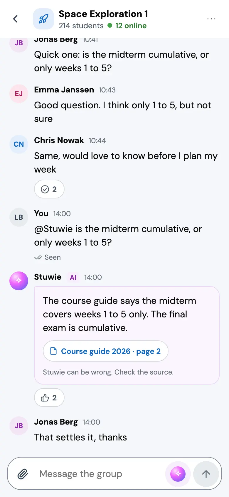 The same group after asking Stuwie. Under the classmates' messages, You asks @Stuwie whether the midterm is cumulative, marked Seen, and Stuwie answers in a tinted bubble with an AI badge, the chip Course guide 2026, page 2, and Stuwie can be wrong. Check the source. Two thumbs up, then Jonas replies That settles it, thanks.