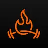 An outlined orange flame rising from a bending barbell, on a near-black ground.
