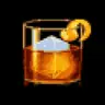 Pixel art: a rocks glass of amber over a large ice cube, an orange wheel on the rim, on black.