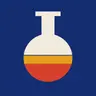 A round-bottomed flask on navy blue, cream at the neck and filled from the bottom with a red layer under a yellow one.