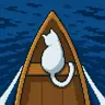 Pixel art: a white cat in a wooden rowboat on deep blue water.