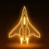 Neon sign art: an outlined delta-wing ship in amber light, nose up, thrusters lit.