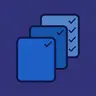 Three stacked blue cards on indigo, each ticked, the palest at the back carrying a column of four checks.