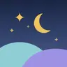 A gold crescent moon and four gold four-point stars over two round hills, teal and violet, on a navy sky.